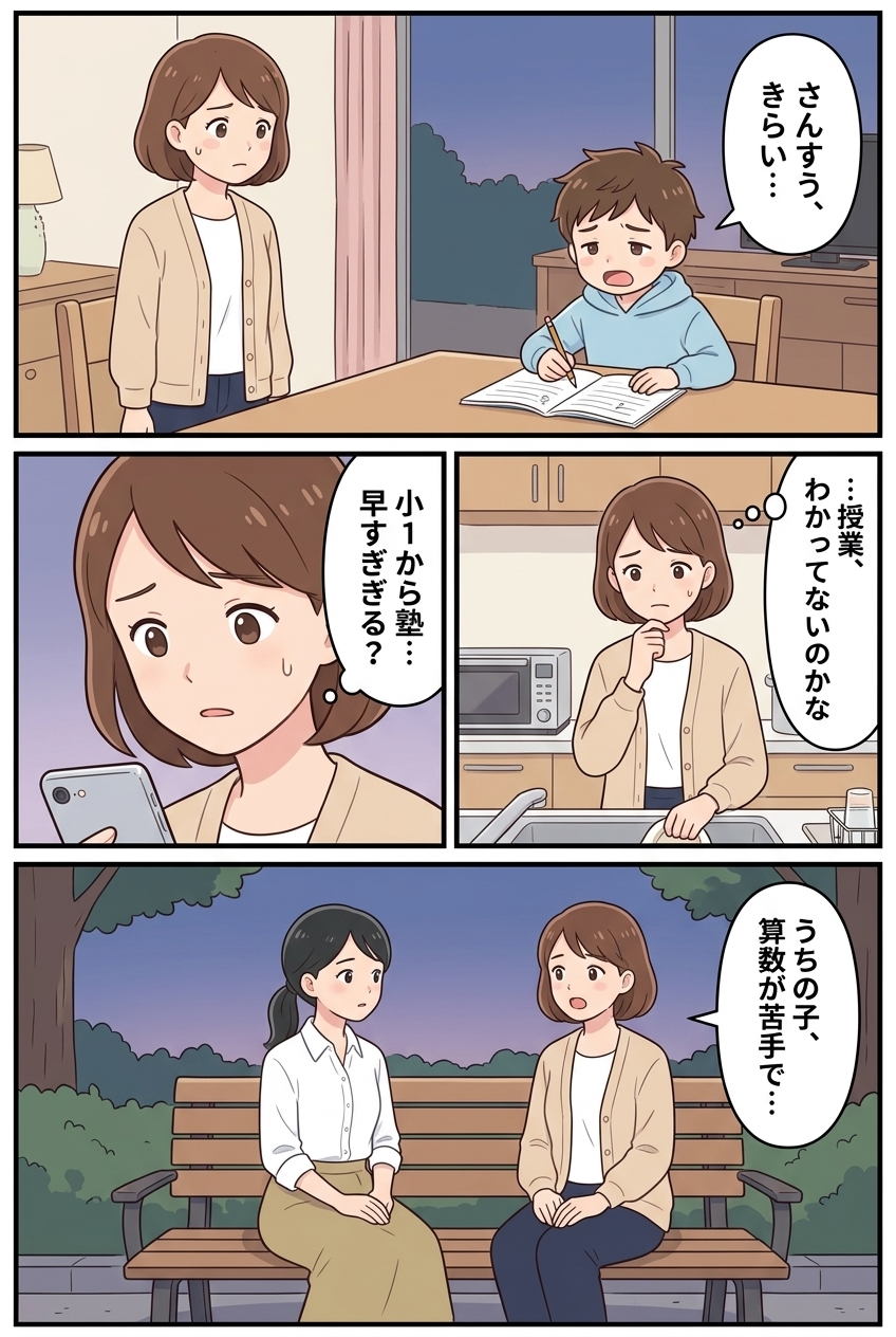 夕方の食卓で算数の宿題の鉛筆が止まる子ども。母親は授業についていけていないのではと心配し、小学1年生から塾は早すぎるかと迷う